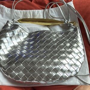 Macy's Silver Woven Clutch with Gold Accents